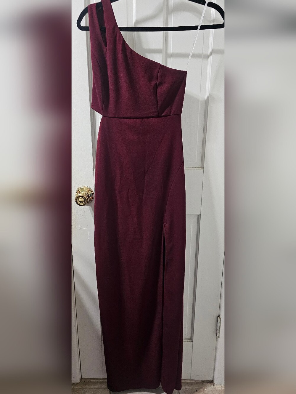 Lulu's One-Shoulder Wine Evening Gown and Rhinestone Embellished Metallic Clutch